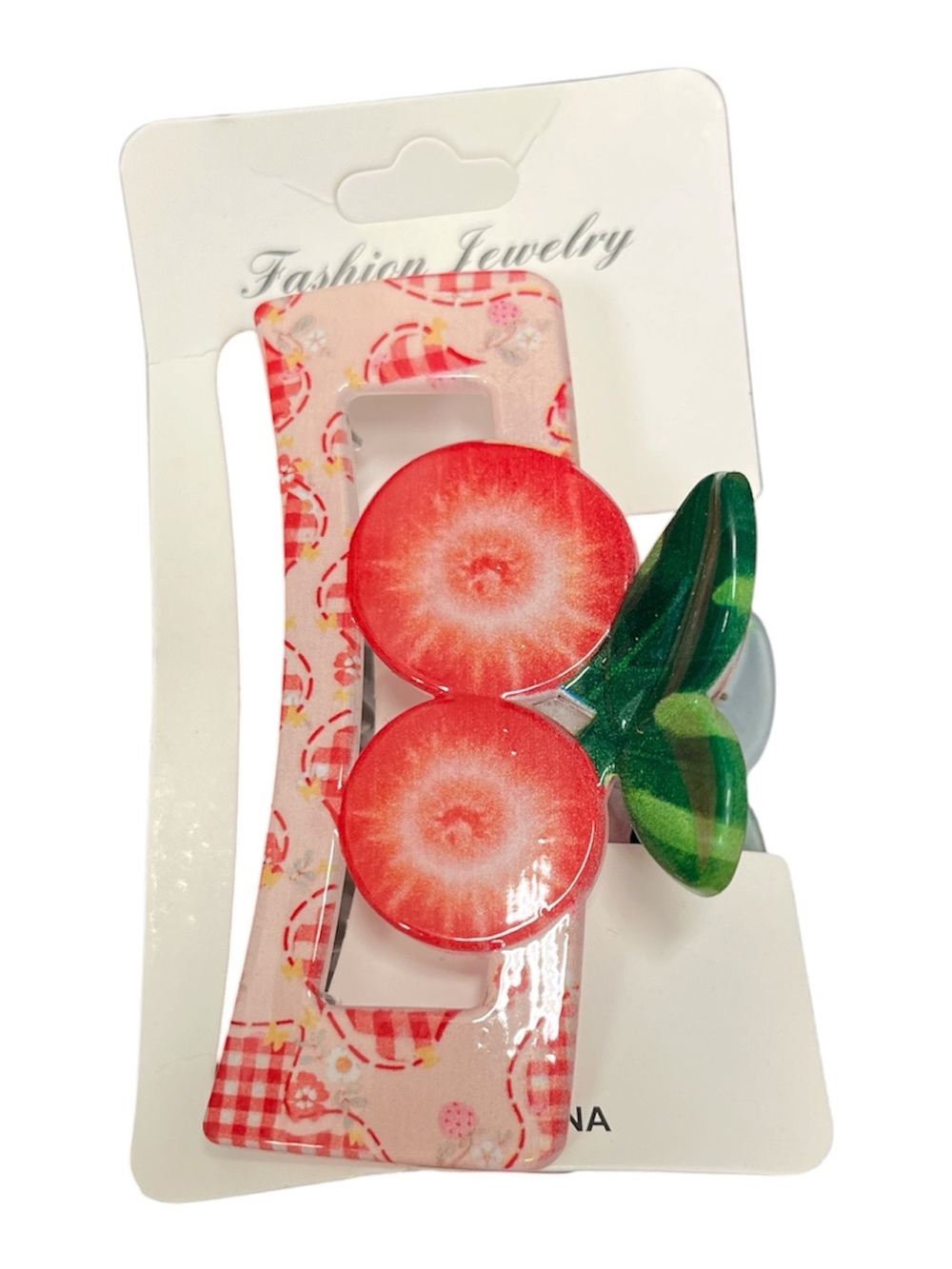 Fashion Jewelry Red Cherry Hair Barrette with Green Leaf Accent